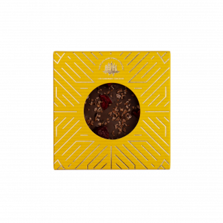 Dark chocolate with cocoa beans and cherry